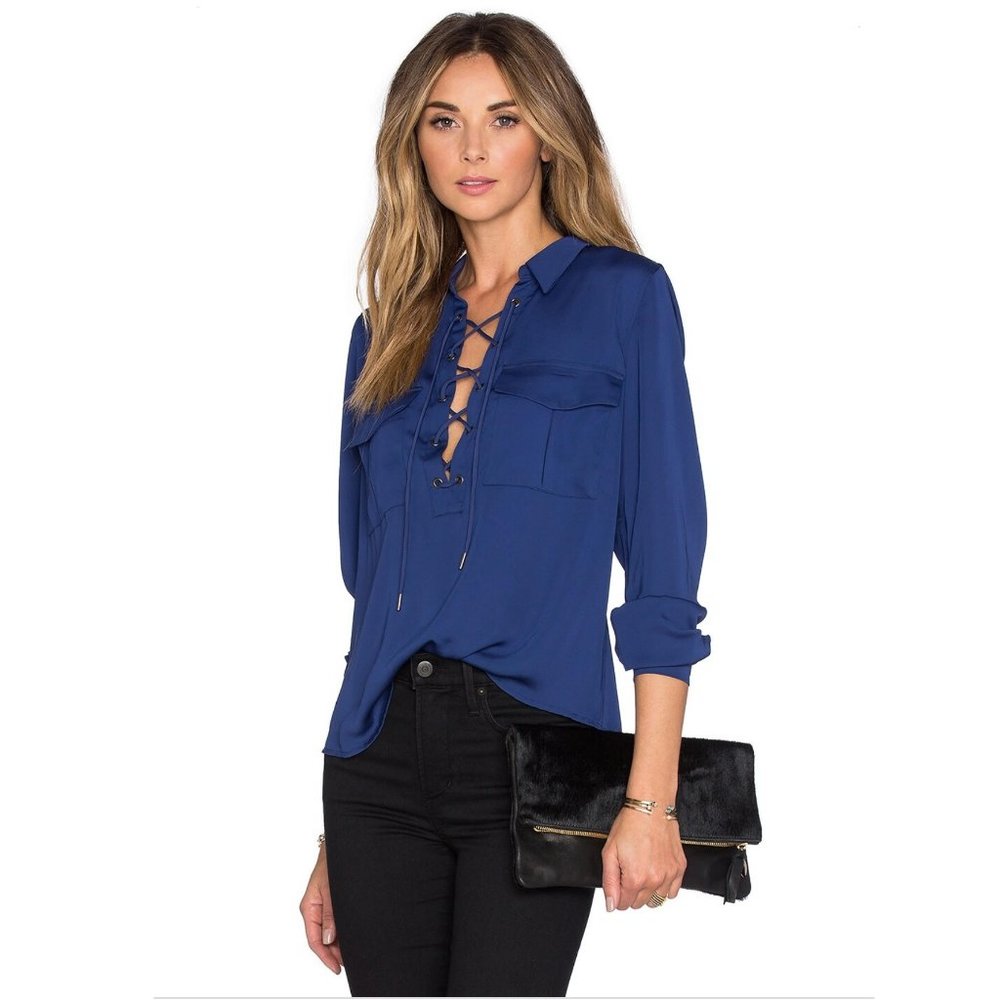 L' Acadamie XS Navy Lace Up Long Sleeve Safari Shirt